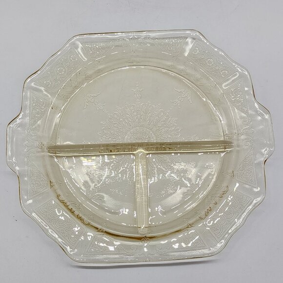 Vintage Federal Glass Divided Serving Plate With Punched Handles Design Uranium - Picture 4 of 5